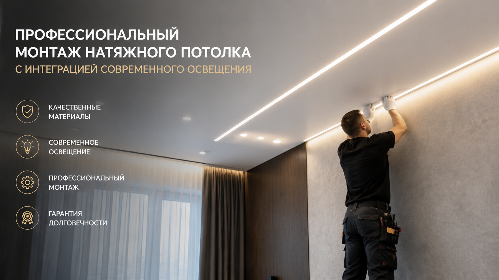 Монтаж натяжного потолка с освещением